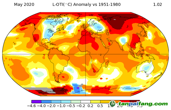 地圖對比了2020年5月氣溫VS1951-1980年5月的平均溫度，如圖所示，北極圈內(nèi)的西伯利亞部分地區(qū)和南極洲溫度飆升。資料來源：聯(lián)合國環(huán)境規(guī)劃署世界環(huán)境情報室(WESR)