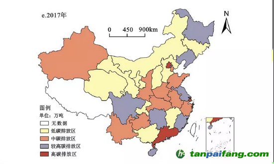 圖2 2017年中國(guó)旅游業(yè)碳排放空間分布